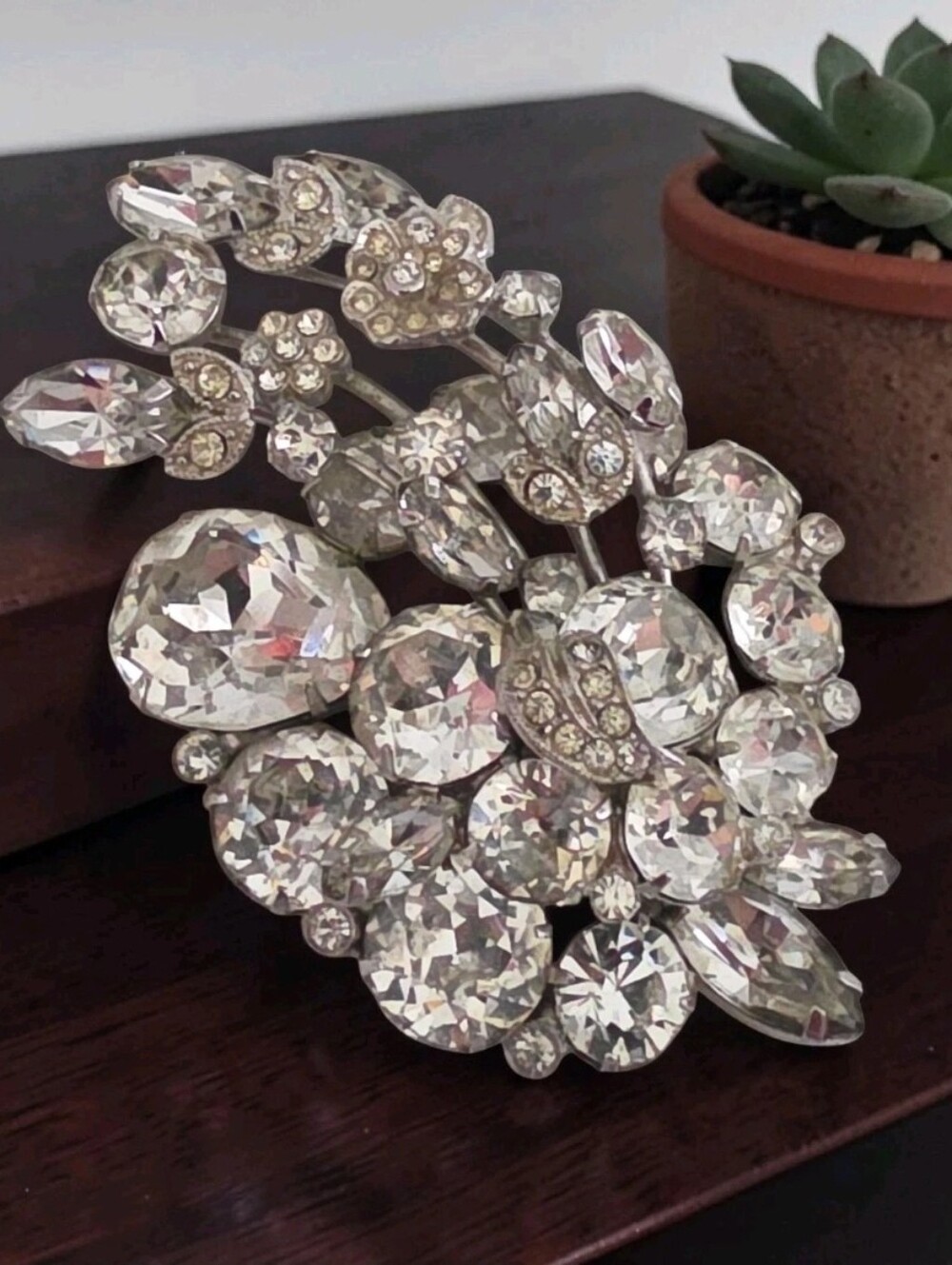 Vintage Signed WEISS Clear Rhinestone Dimensional Floral Spray Brooch 3"